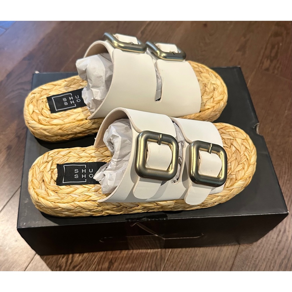Shu Shop Womens White Double Buckle Straw Footbed Slide Sandals Size 8